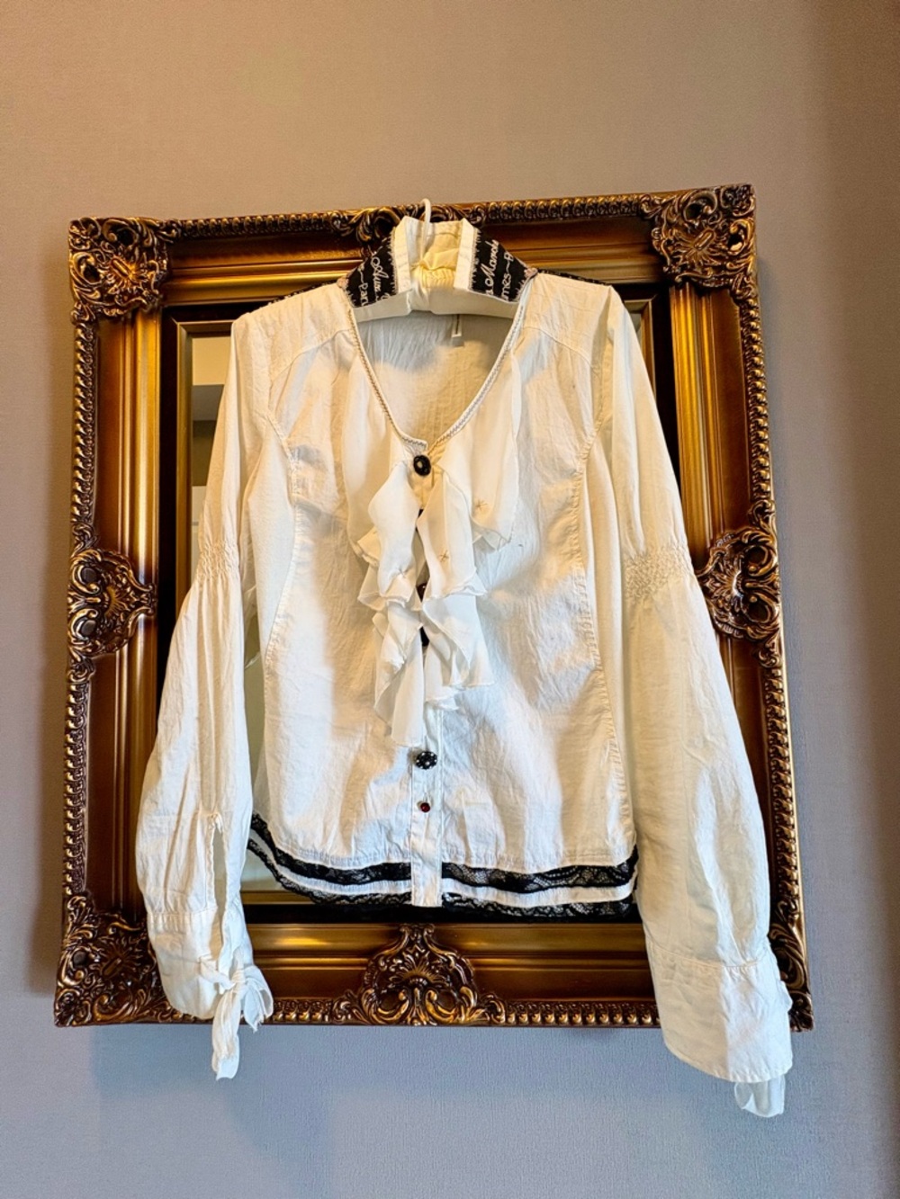 Elisa Cavaletti White Ruffle-Front Blouse with Black Trim Detail
